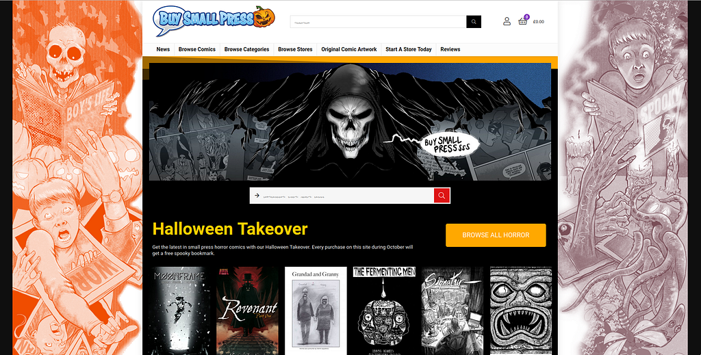 A screenshot of the front page of BuySmallPress.com with a banner image of a comic-drawn ‘Death’ character (skeleton in a hooded cloak), and six featured comics below.