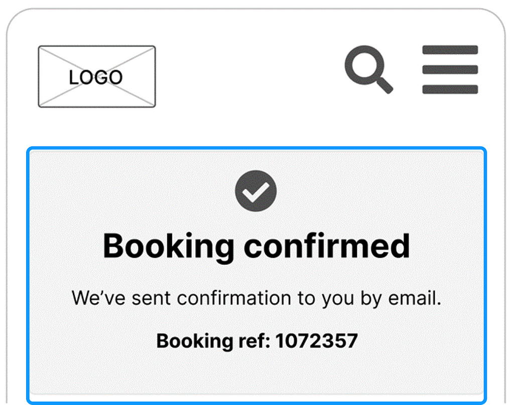 A booking confirmation screen with the confirmation feedback message highlighted.