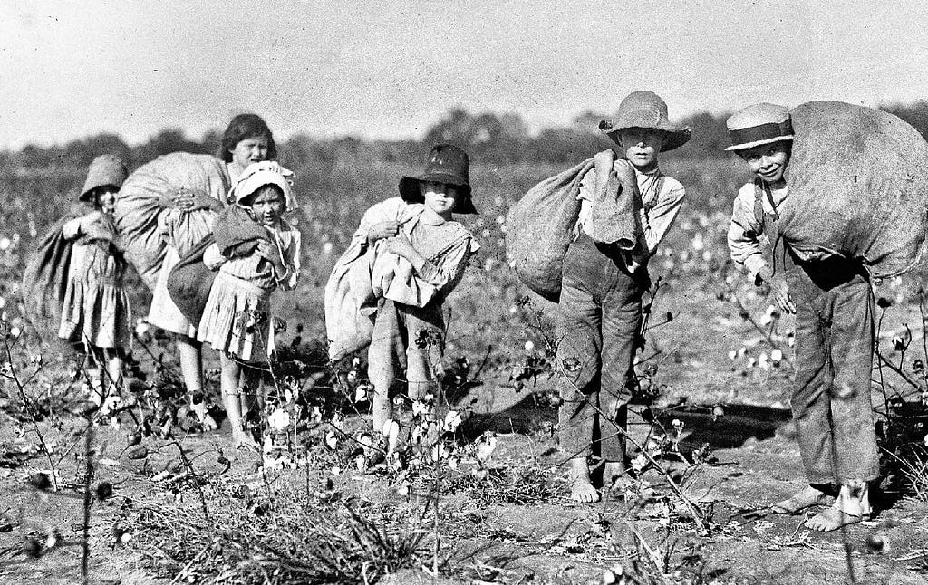 A photo by Lewis Hines showing Depression Era children picking cotton.