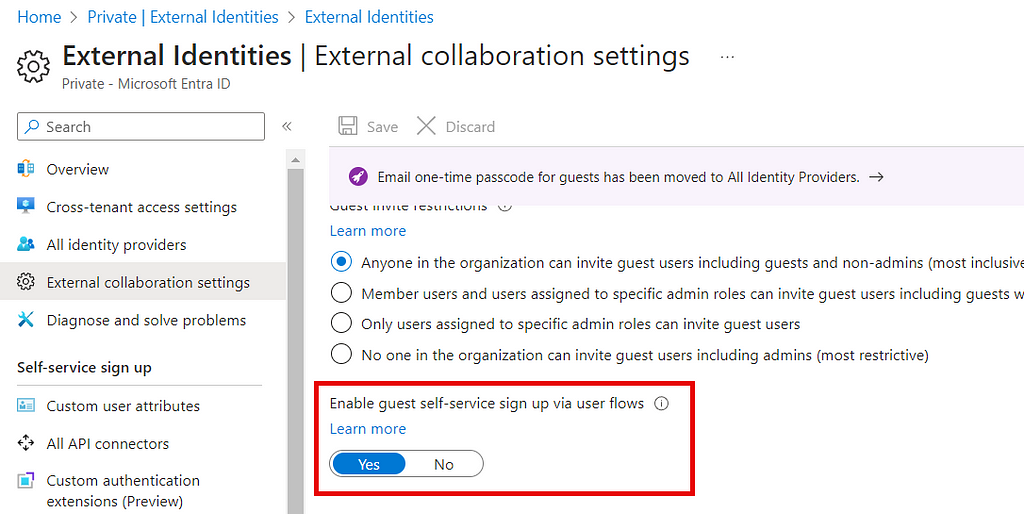 Image showing guest user self-service sign up enabled