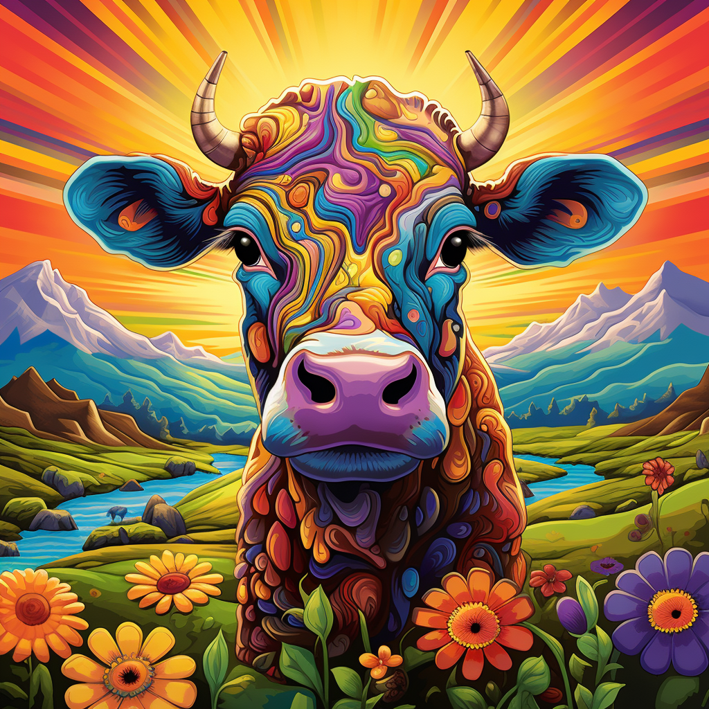 Create a very puffy quilted art piece of a colorful psychedelic hippie cow stands looking bewildered at the camera. the cow frowns at the camera. Background is showing farm land, sunflowers, trees, rolling hills, sun rays, in the style of American futurism, style of Gerardo Dottori
