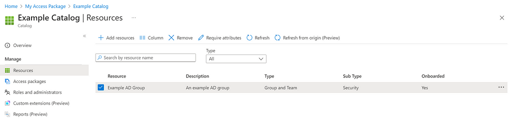 A screenshot of the Catalog, showing the old Azure AD group name “Example AD Group”