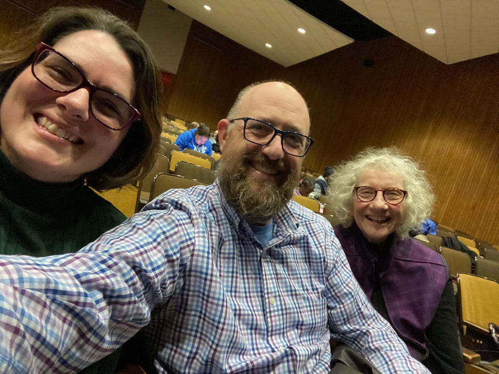 The author with his spouse and mother as they wait for Oklahoma! to start.