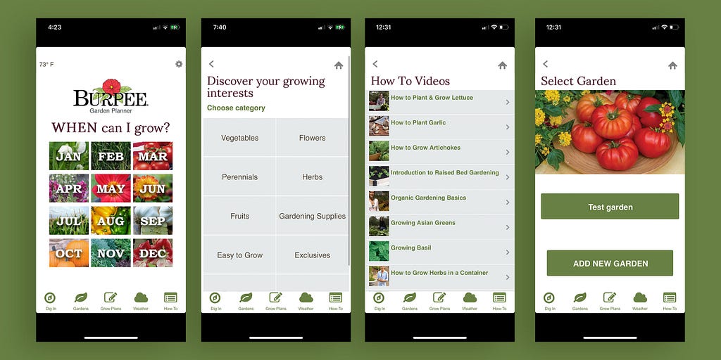 4 screenshots of different screens in the Burpee Garden app showing the growing seasons navigation, plant categories, how to videos list, and personal garden feature