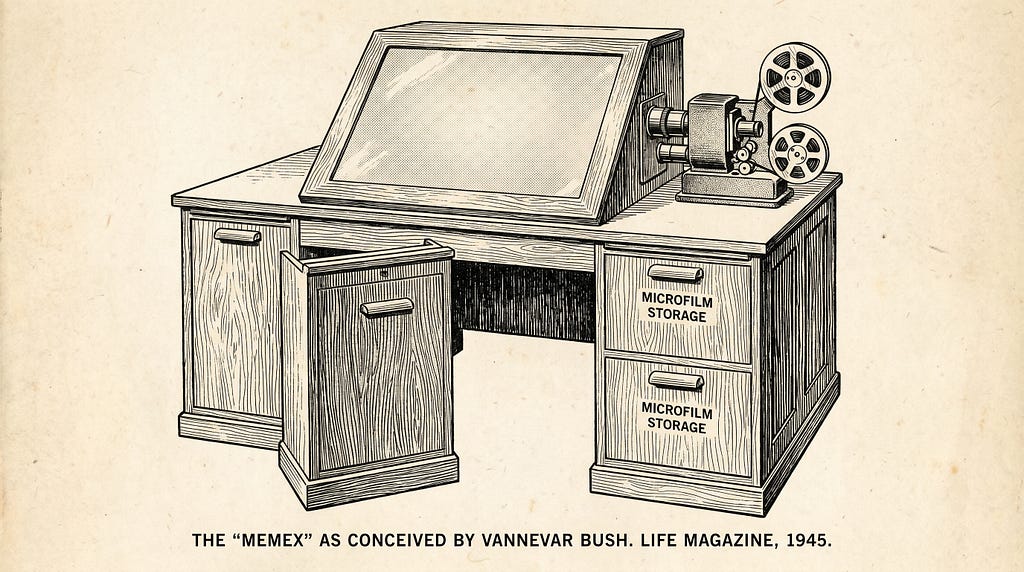 Illustration of Vannevar Bush’s memex concept, showing a wooden desk with a built-in viewing screen, projection mechanism, and side cabinets for microfilm storage Caption: Bush’s memex was, in 1945, a more design-complete answer to the recall problem than what shipped to 900 million people in 2026.