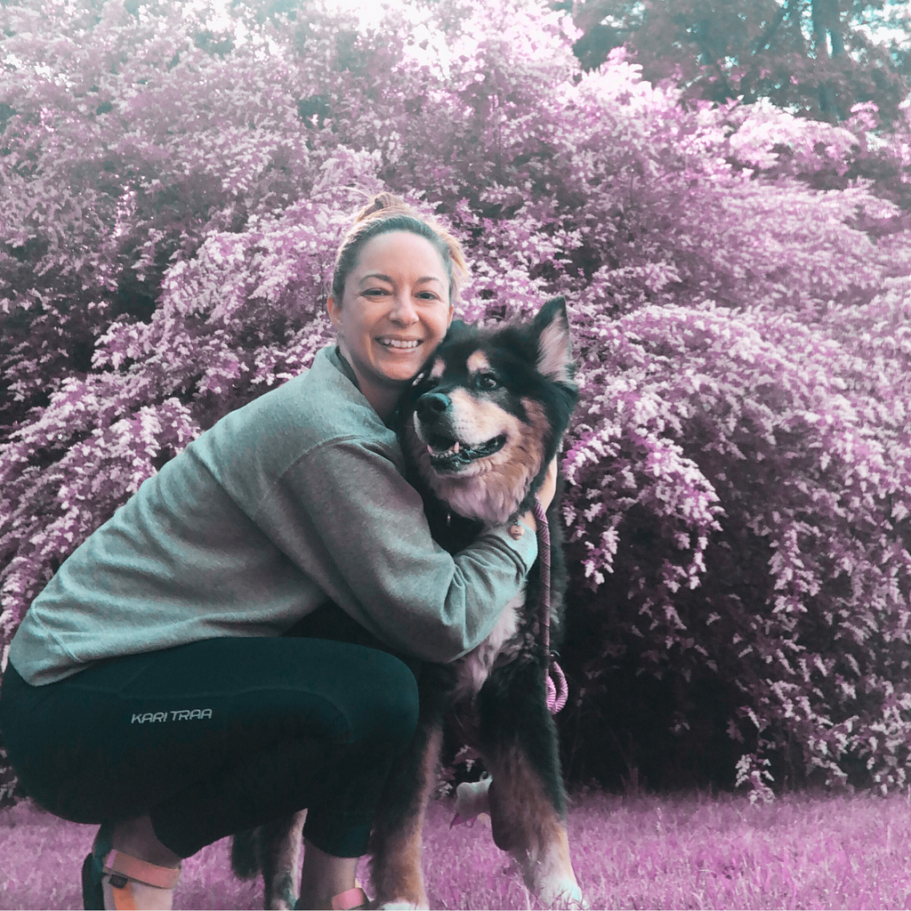 a white woman is crouched down hugging a large black and tan dog with long hair in front of a bush that has been color edited to be pink