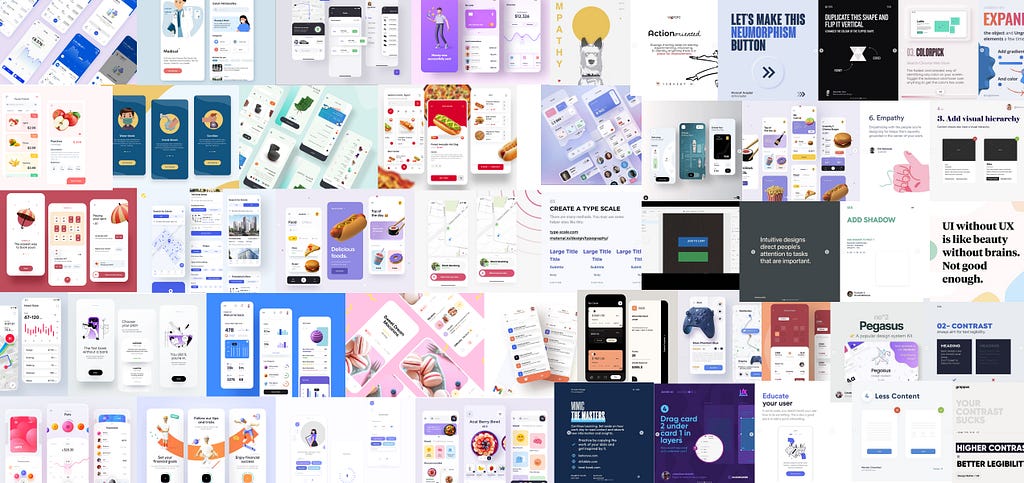 Large collection of posts from Instagram including UI designs, tutorials and advices in form of carousels
