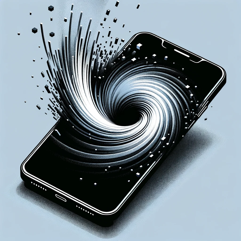 This image depicts a minimalist, high-contrast scene featuring a smartphone with a powerful vortex emanating from its screen. The vortex is pulling in everything around it, with reality dissolving into pixels as they are sucked into the phone. The visual is stark and impactful, using mainly black, white, and shades of gray to emphasize the dynamic action.