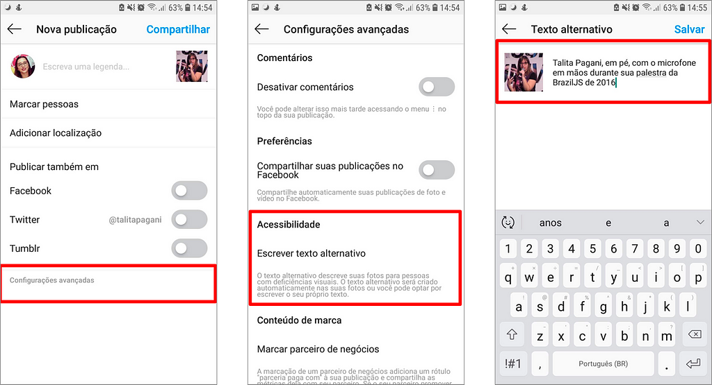 Telas para configuração do texto alternativo em postagens do Instagram.