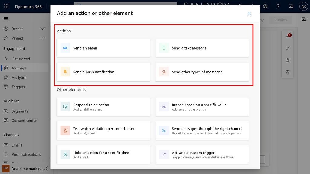 Image highlighting the actions to be selected when using channels (custom and OOTB) in Journeys.