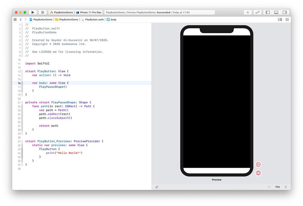 SwiftUI’s canvas showing the PlayPauseShape.