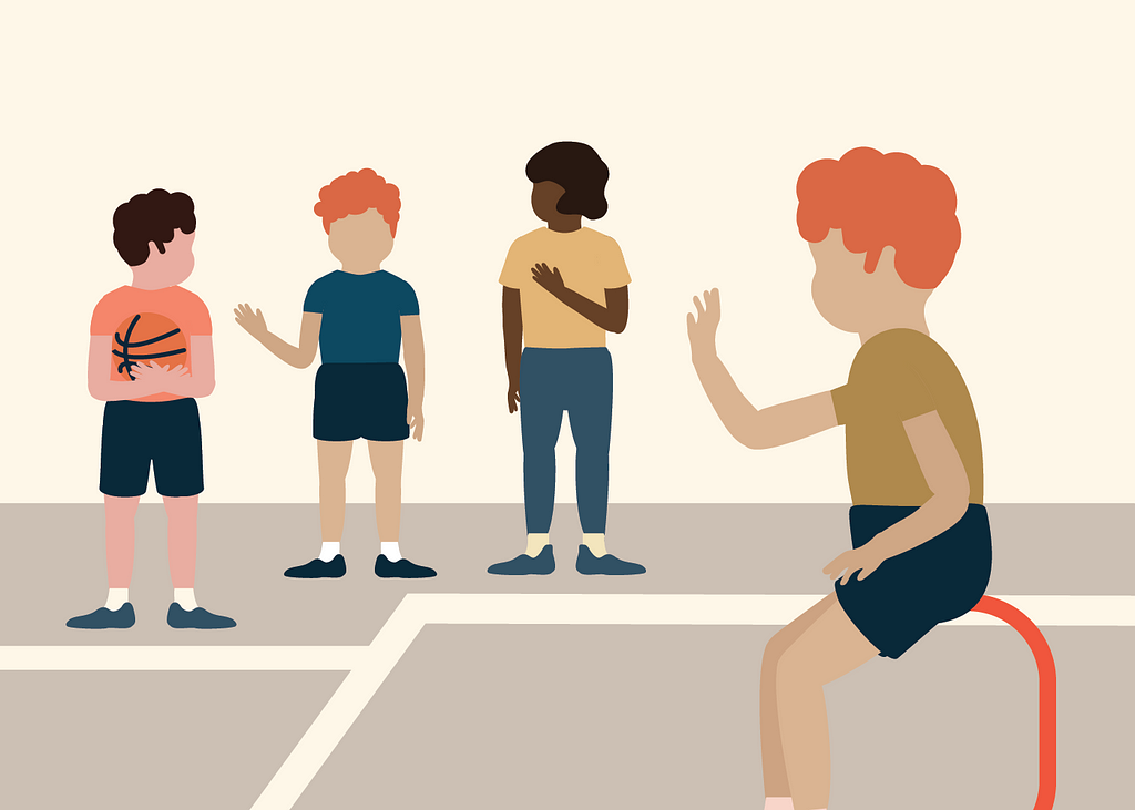 A young child wanting to play basketball with his classmates.