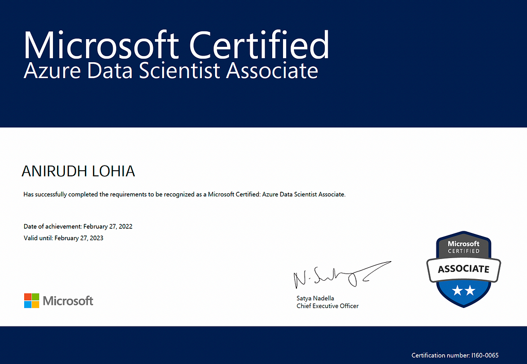 My ‘Microsoft Certified Azure Data Scientist Associate’ certificate