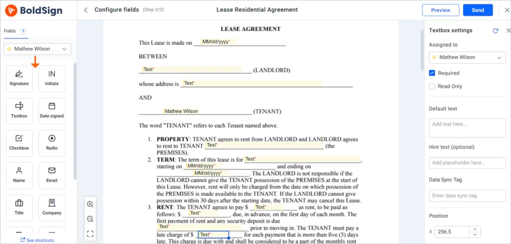 Configure fields page