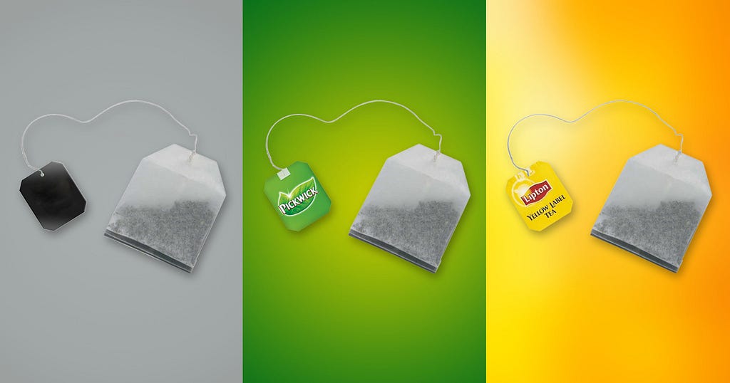 Visual showing an unlabelled, a Pickwick and Lipton teabag