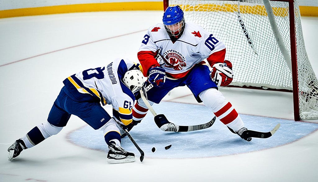 an Hockey Players Kick The Puck