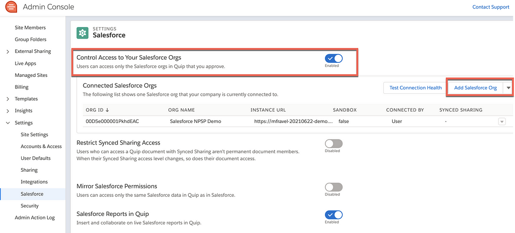Image showing how to add Salesforce orgs to the Quip allowlist.