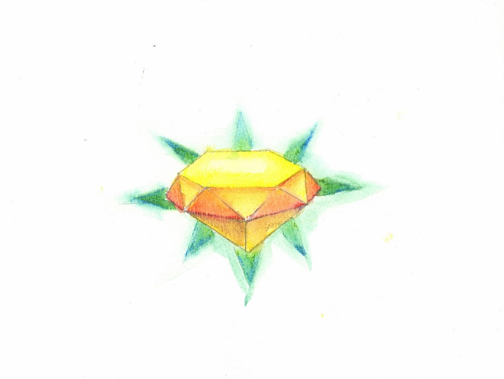 A yellow gem with green sparkles coming off of it.