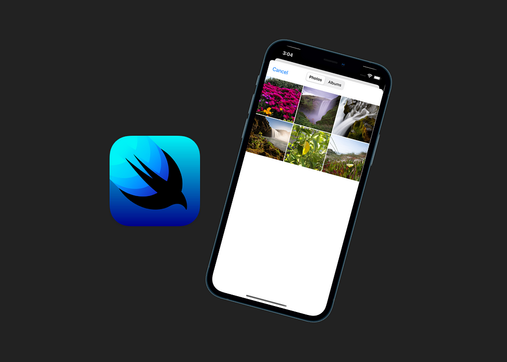 SwiftUI logo with an iPhone opening the photo library