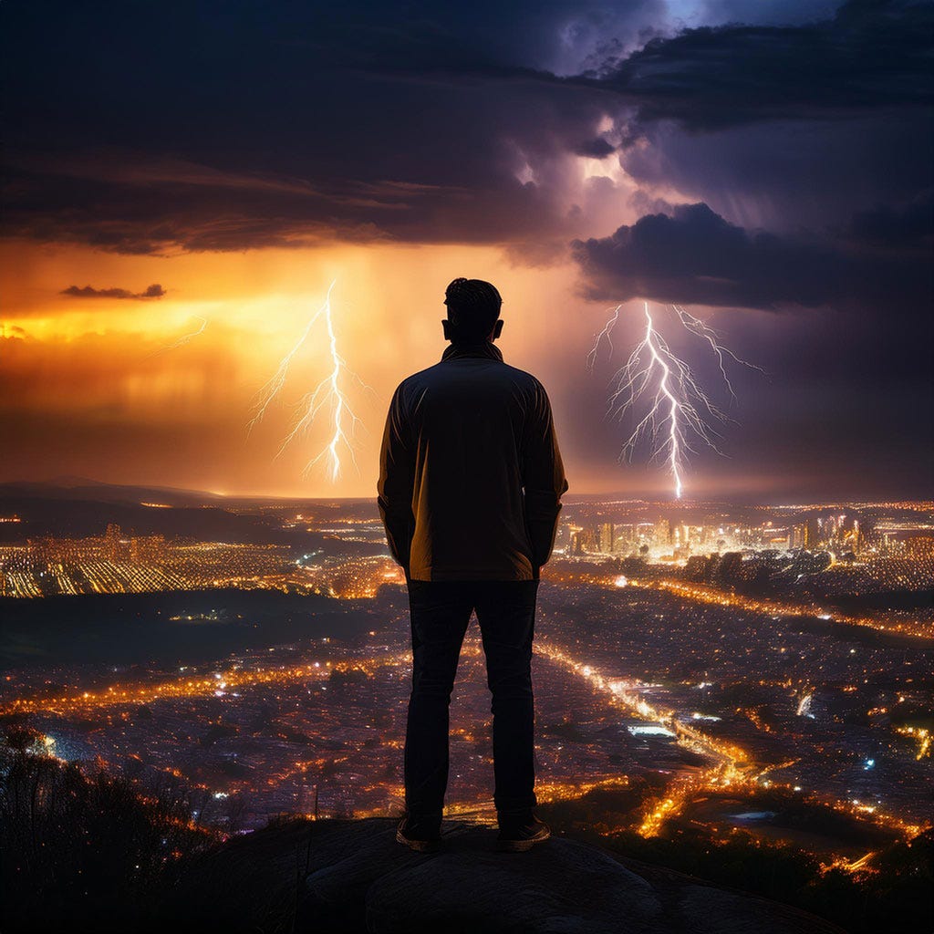 A silhouetted figure stands on a hilltop overlooking a sprawling cityscape at night. The sky is dramatically split between a fiery orange sunset and a stormy purple cloudscape, with lightning bolts striking on both sides. The city below glows with countless lights, creating a mesmerizing contrast against the turbulent sky above. The scene captures a moment of awe-inspiring natural spectacle juxtaposed with human civilization.