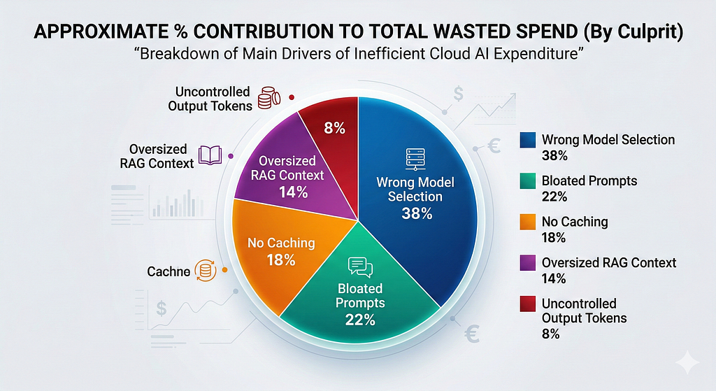 Pie chart showing approximate % contribution of each culprit to total wasted spend. Rough breakdown: Wrong model selection ~38%, Bloated prompts ~22%, No caching ~18%, Oversized RAG context ~14%, Uncontrolled output tokens ~8%