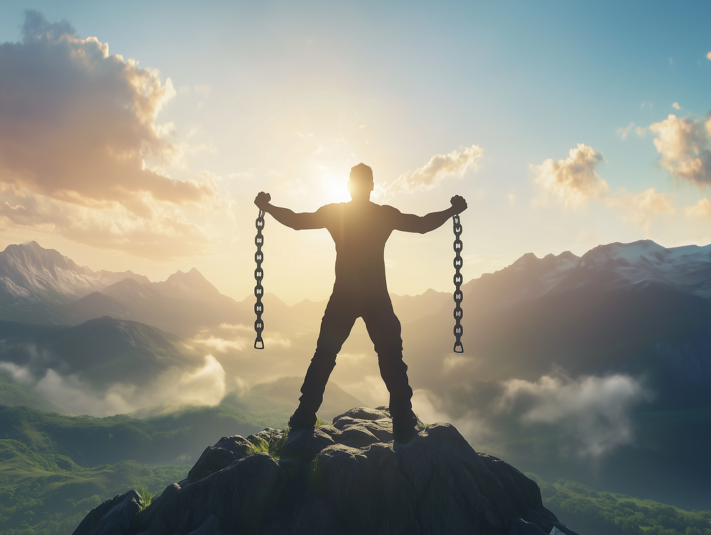 A man stands triumphantly on a mountain peak with broken chains hanging from shackles on his wrist