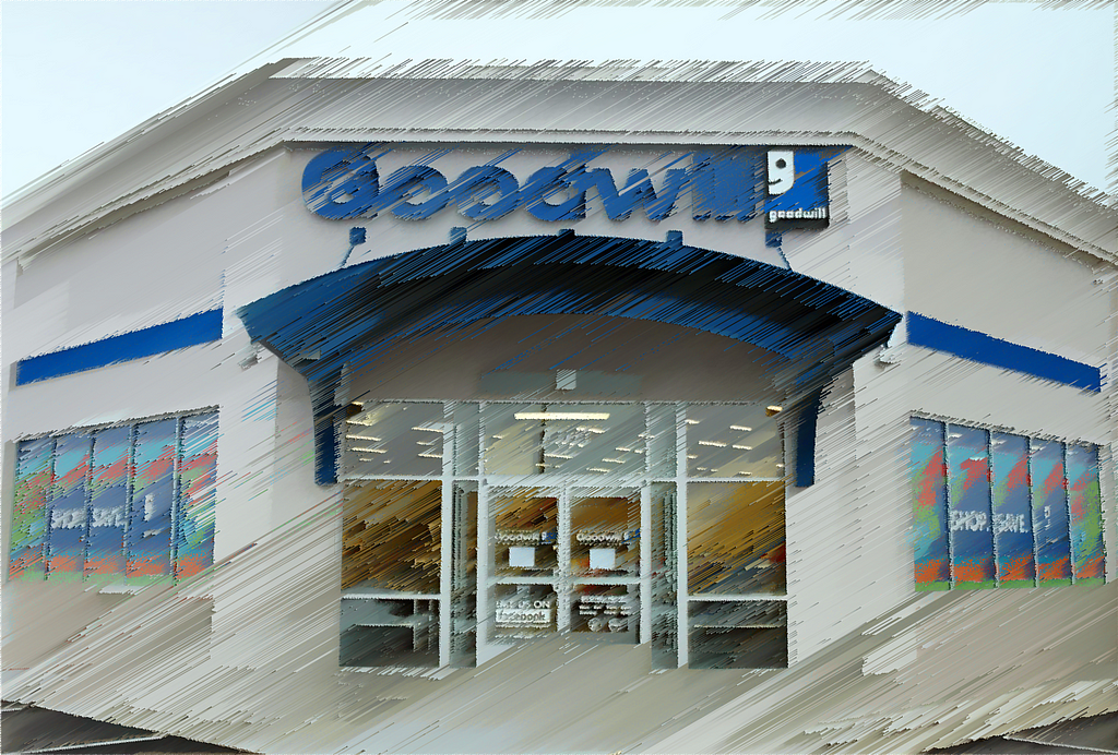 The front of a Goodwill store, with pixel sorting (odd lines stretching across the image, almost a “glitch” effect) added for artistic effect