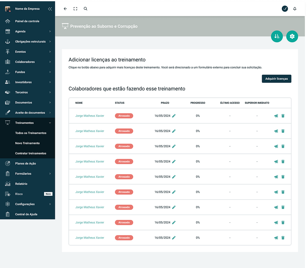 Tela de um sistema com o menu lateral à esquerda e o conteúdo principal à direita. Na área principal, há um título “Prevenção ao Suborno e Corrupção” com ícones de configuração e filtro. Abaixo, uma seção com o título “Adicionar licenças ao treinamento”, um botão “Adquirir licenças” e uma tabela listando colaboradores. A tabela inclui colunas como “Nome”, “Status”, “Prazo”, “Progresso”, “Último acesso” e “Superior Imediato”.