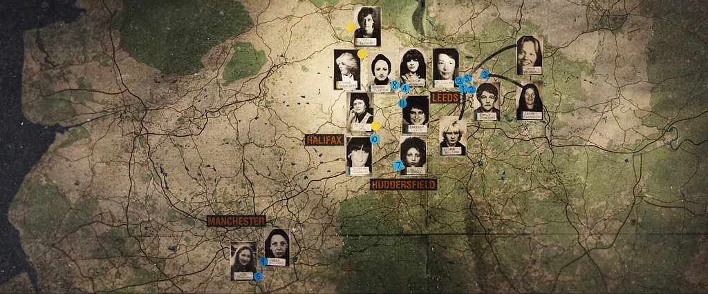 photographs of the victims of Peter Sutcliffe on a map