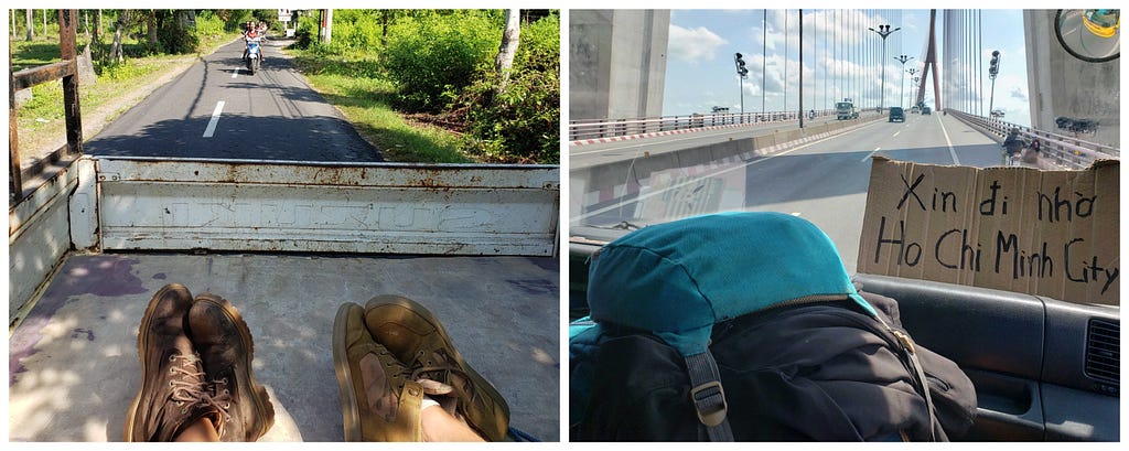 Two images. The first shows two pairs of feet in the back of a truck on the road. The second, a blue backpack next to a handwritten sign in the local language of Vietnam on a piece of cardboard, placed inside a car. The road can be seen inthe background.