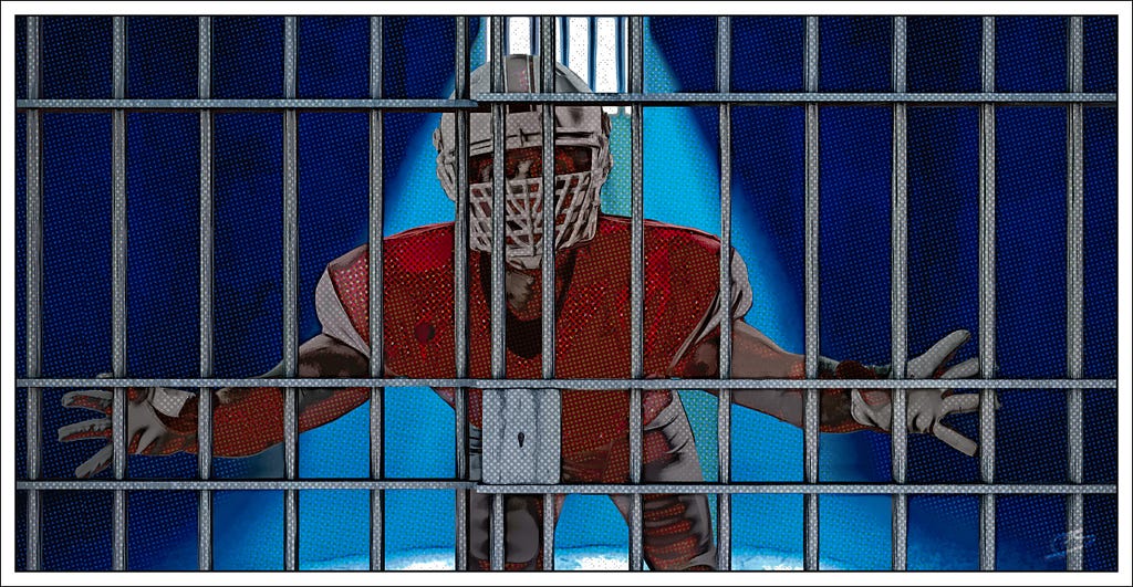 football player behind jail bars