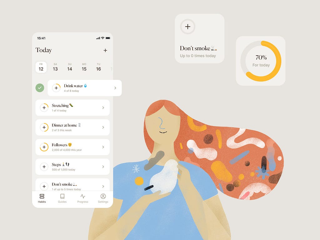 A character with long orange hair and geometric shapes inside showing the Ui of the Habits application.