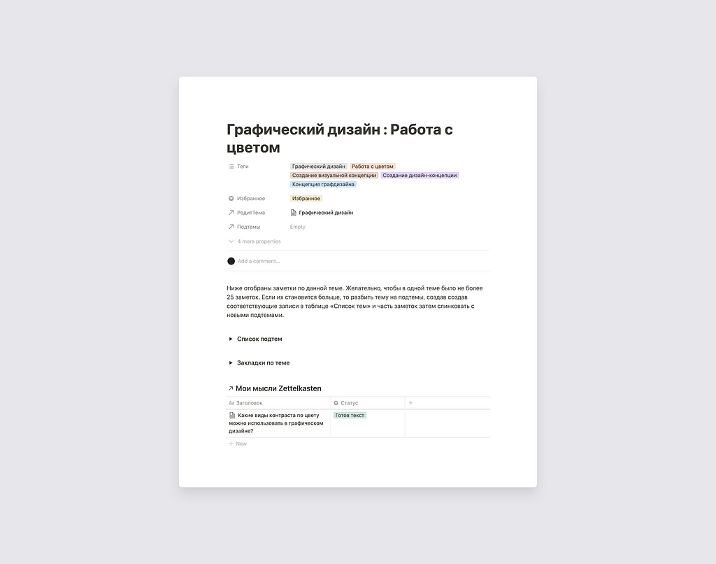 Пример заметки с названием темы по системе Zettelkasten в Notion