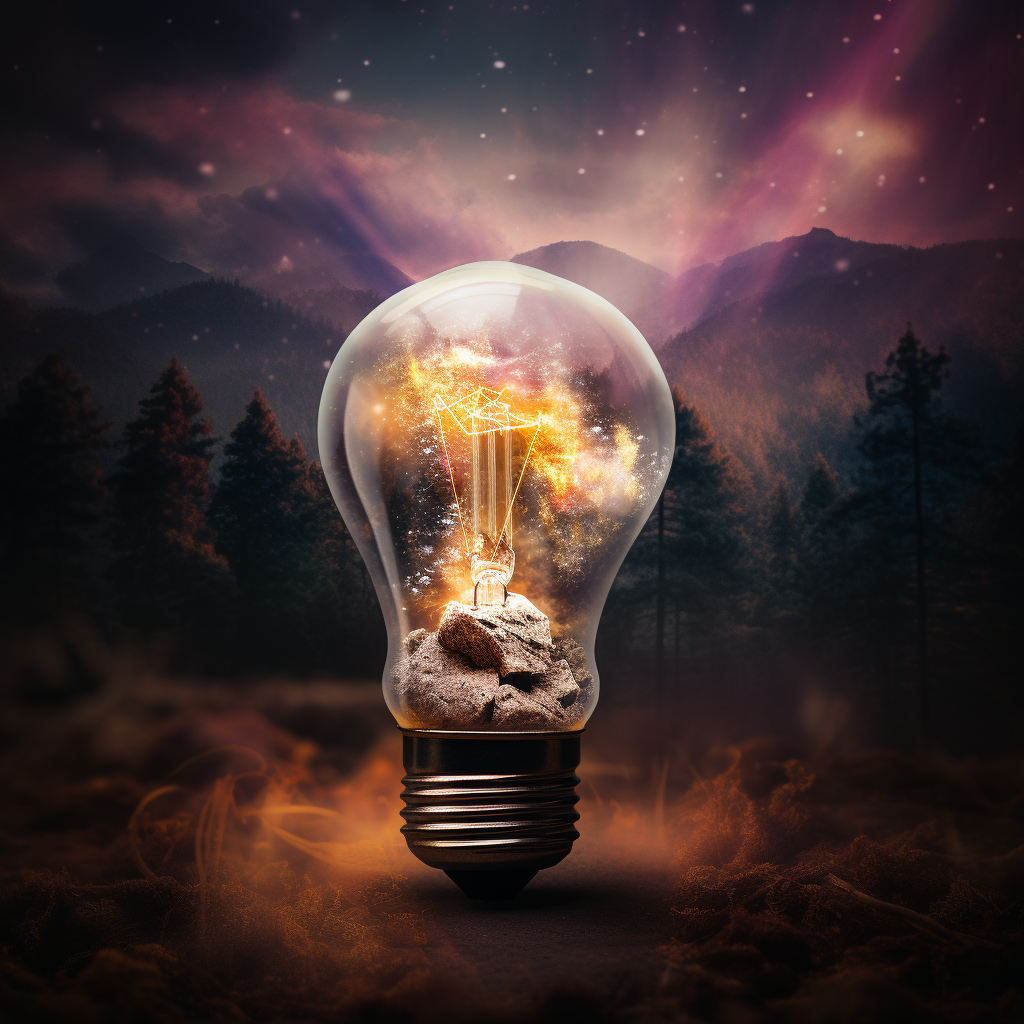 A light bulb shining in a beautiful forest landscape with mountains in the background representing inspiration that can be found anywhere.