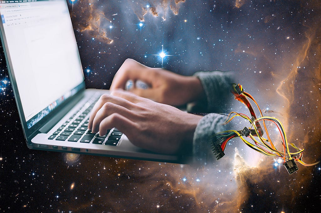 laptop floating in space with human hands connected to computer wires