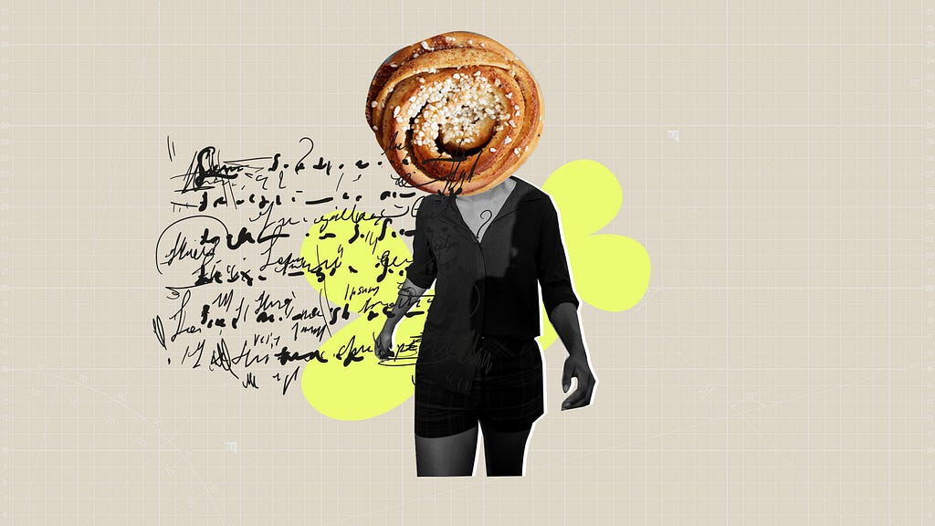 Beige background with black scribble text on the left. In the middle in a black and white image of a woman with a cinamon roll covering her head. In the background is two neon colored abstract, flat shapes.