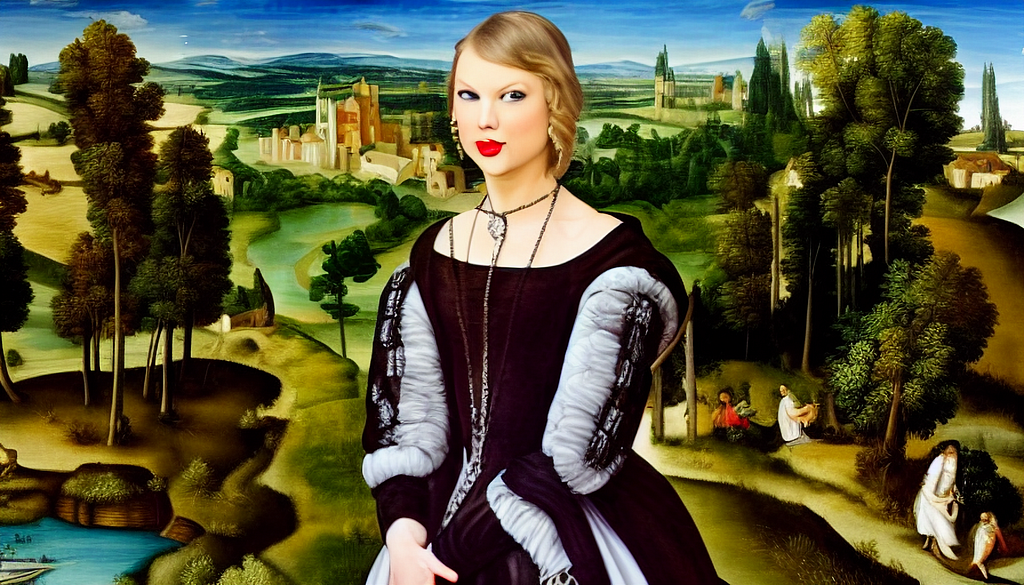 AI generated image of Taylor Swift in a renaissance landscape wearing a period dress