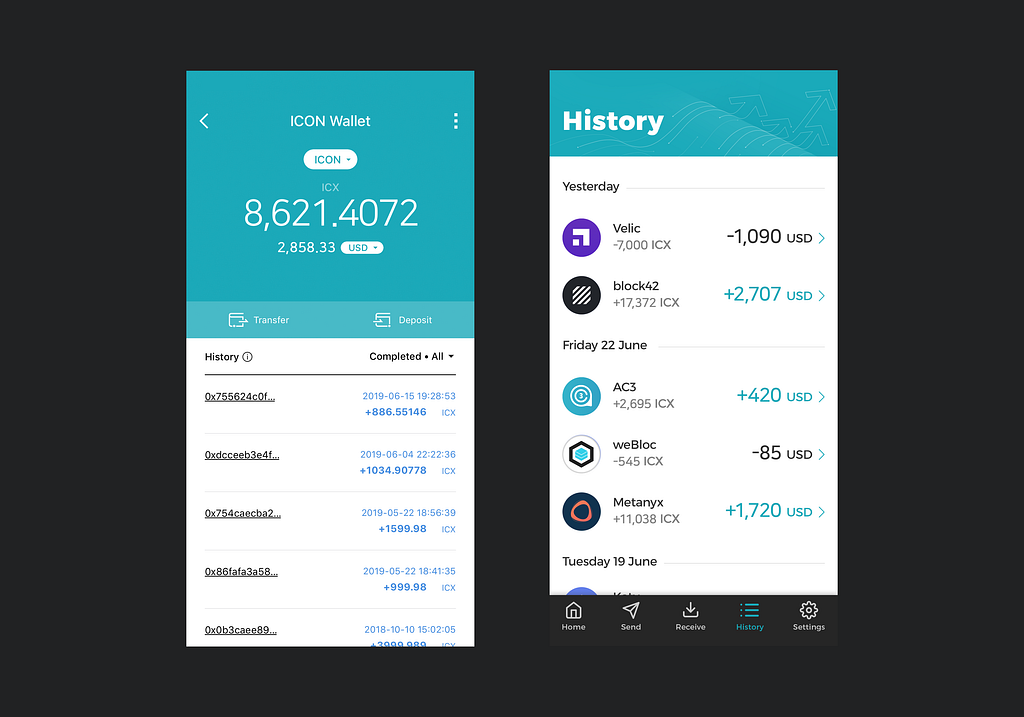 The current ICONex history page next to our redesigned version.