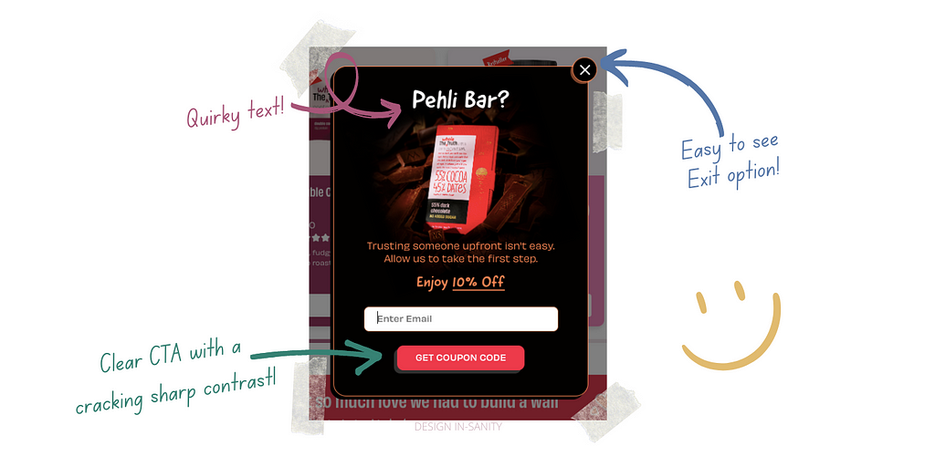 Screenshot of their pop-up with quirky text, good readability, good contrast, clear CTA and clear exit option.