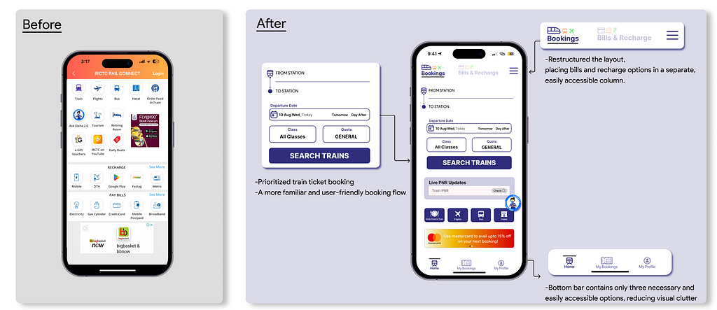 A side by side representation of the before and after of the landing page with highlights on specific design decisions
