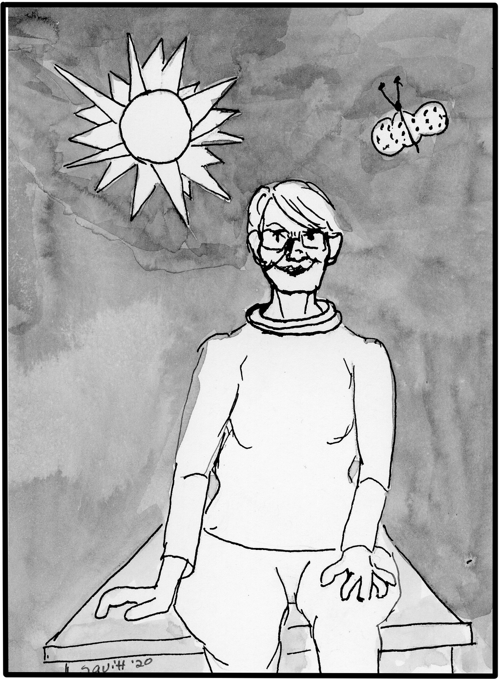 Cartoon panel of a woman looking happy.