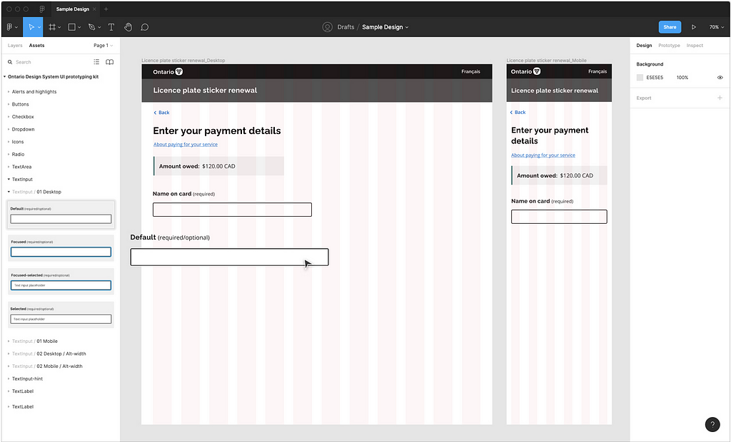 A screenshot of the Ontario Design System prototyping kit being used to create a prototype in Figma.