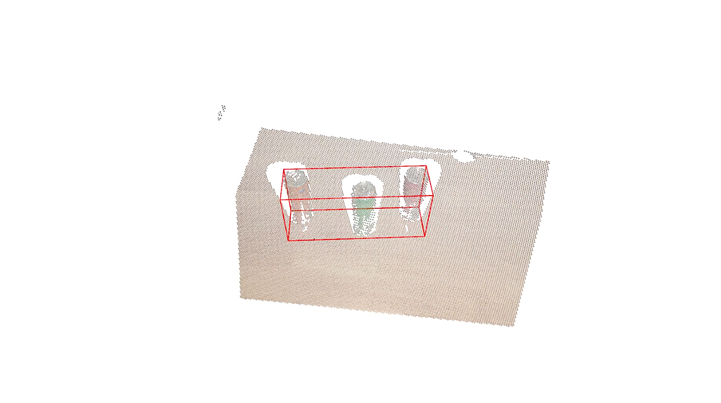 Visualizing a 6DoF Oriented Bounding Box (OBB) wireframe aligned to the rotational axis of metal cans in a 3D scene.