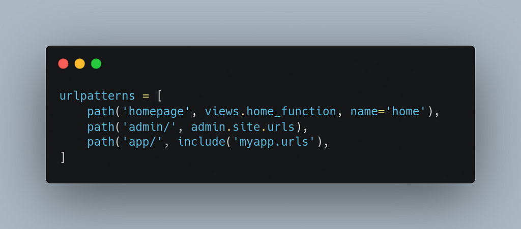 URL routing using urls.py in Django, illustrating different cases