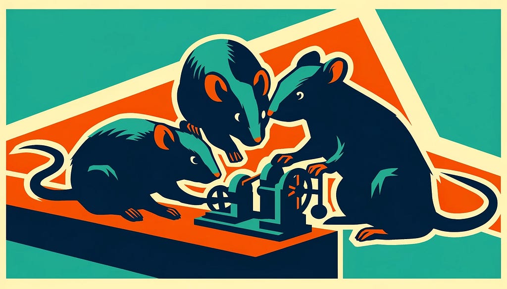 a group of three rats working tinkering with a machine