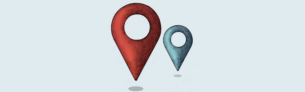 Hand-drawn red and blue location symbols