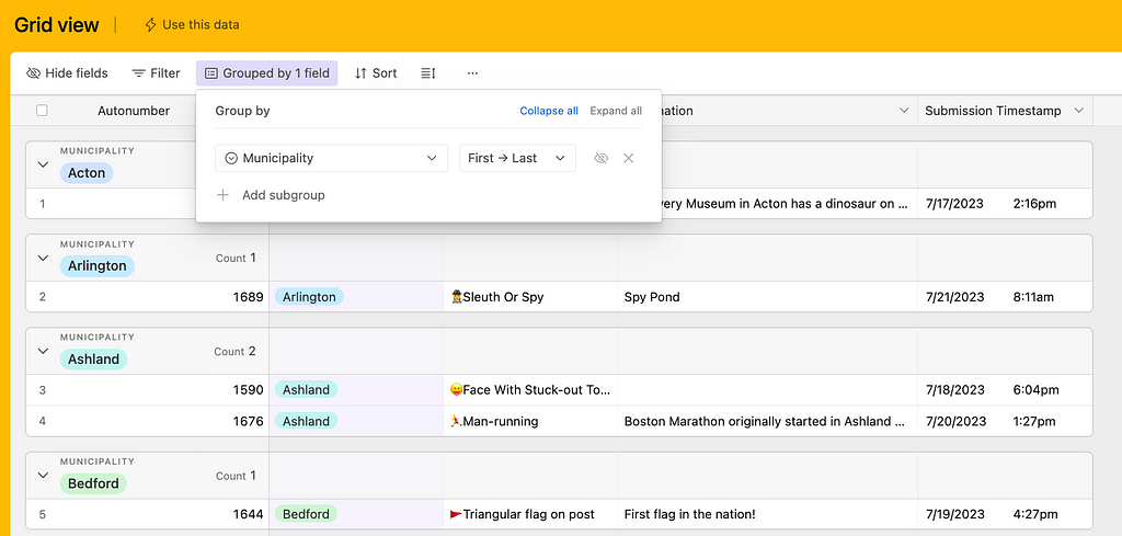 A photo of the Airtable view of the MAPC Muni Emoji Map, with the “Group by Municipality” filter turned on.