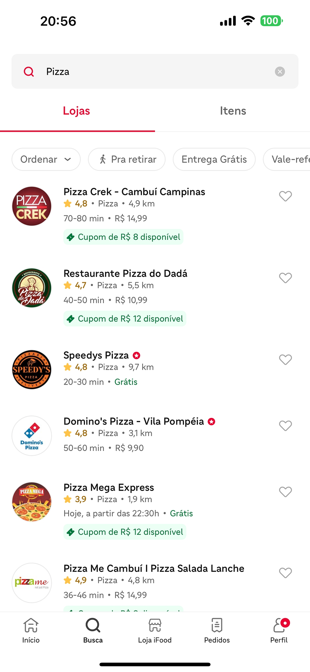 Captura de tela do aplicativo do iFood no iOS 17 (Beta) de restaurantes com a busca de "pizzas" aberta.