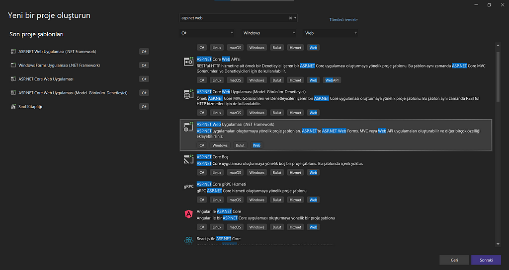 ASP.NET Web Uygulaması .Net Framework
