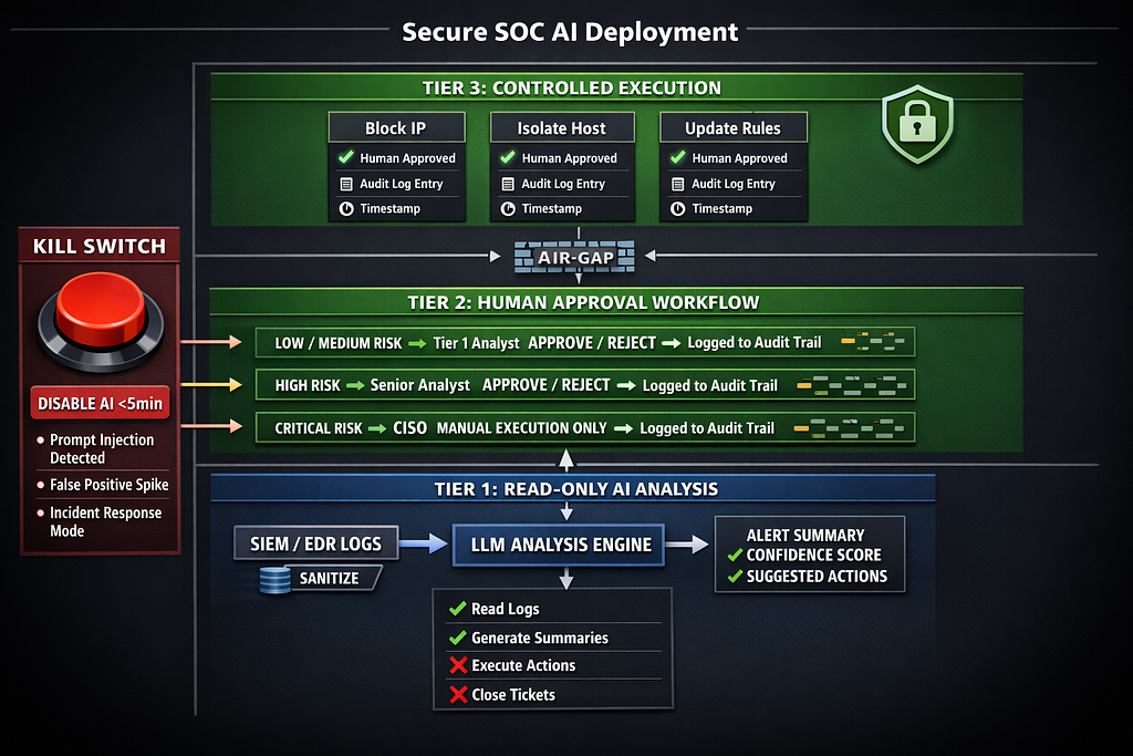 Three-tier SOC AI architecture diagram showing read-only analysis layer feeding human approval workflow with risk-based routing before controlled execution layer, plus emergency kill switch for rapid AI shutdown